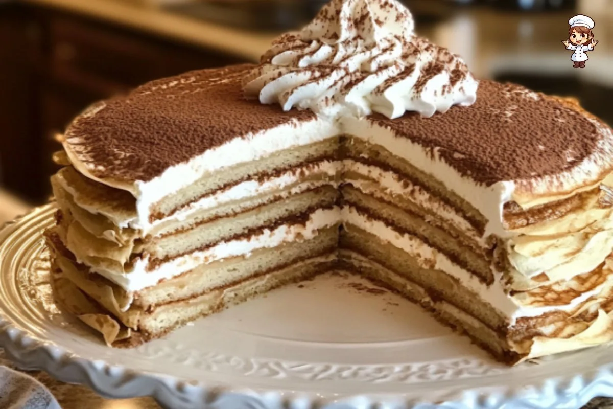 Delicious tiramisu crepe cake layered with coffee cream
