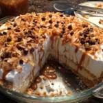 Toasted Coconut Caramel Cream Cheese Pie with coconut flakes and caramel drizzle