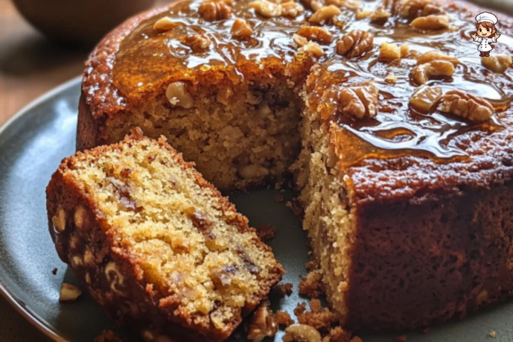 Delicious gluten-free Turkish Walnut Cake garnished with walnuts.
