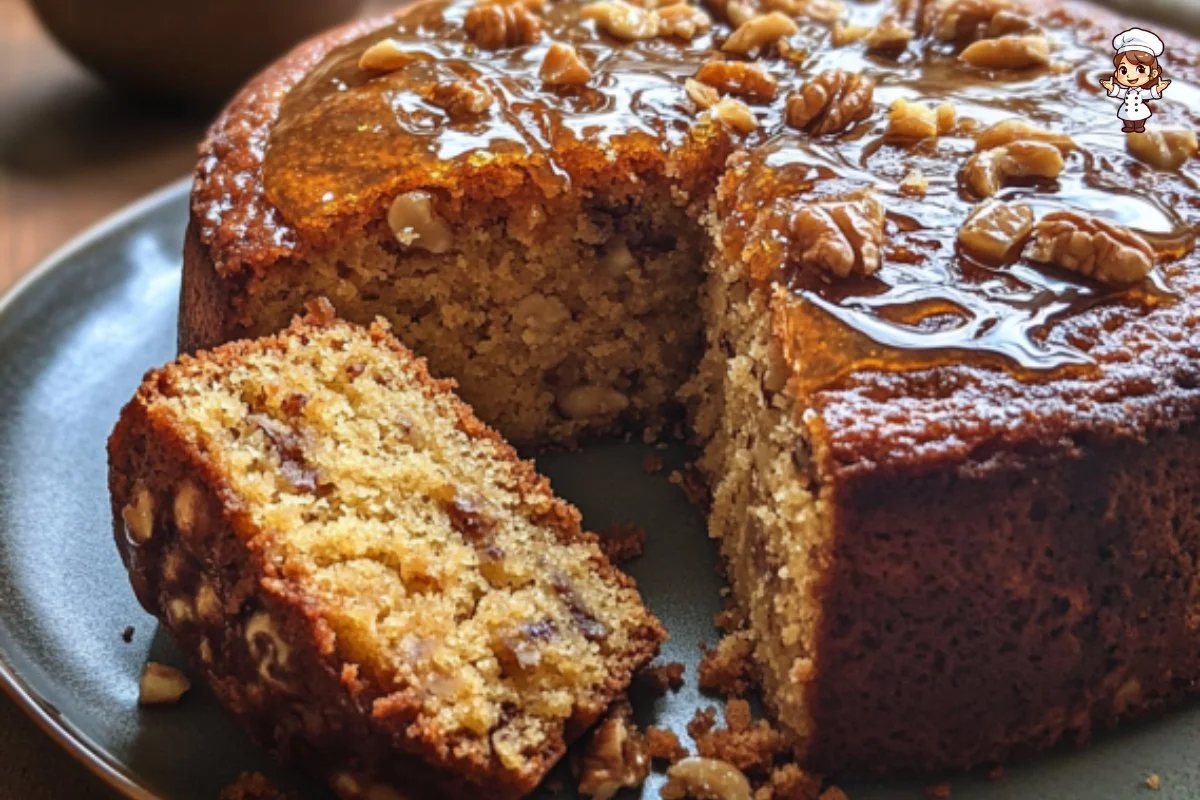 Delicious gluten-free Turkish Walnut Cake garnished with walnuts.