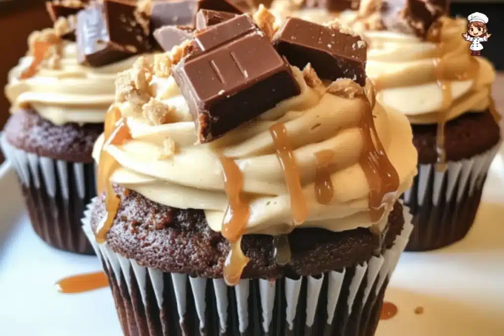 Ultimate Snickers Cupcakes topped with caramel and peanuts