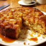 Warm apple spice cake topped with caramel sauce, a delicious dessert option.