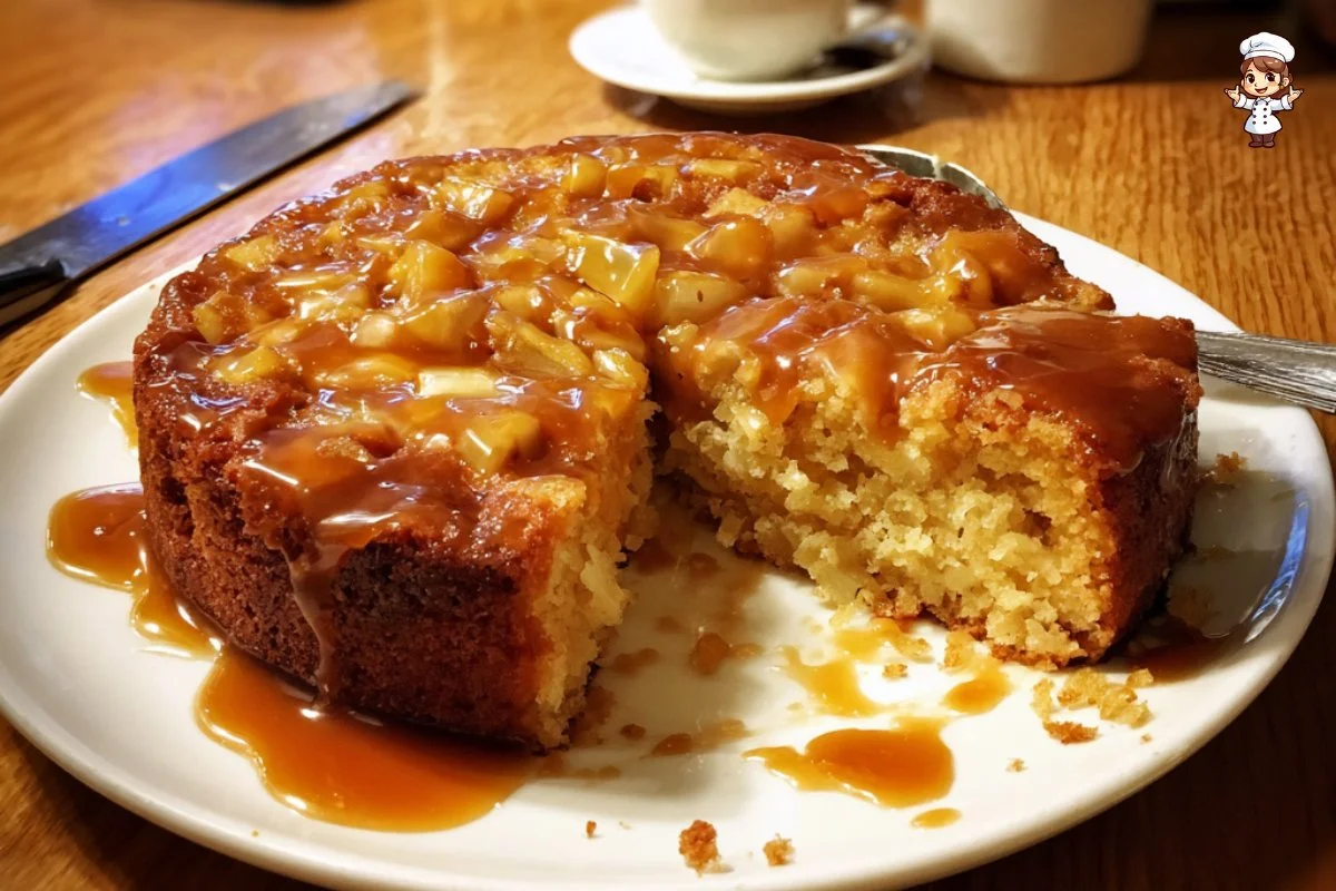 Warm apple spice cake topped with caramel sauce, a delicious dessert option.