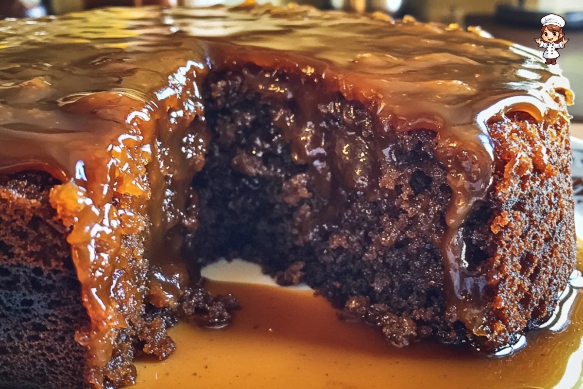 Warm sticky toffee cake with chopped dates and buttery toffee sauce