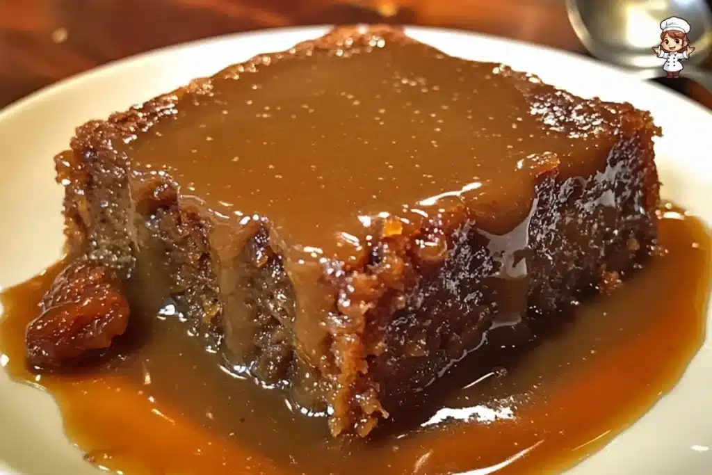 Warm sticky toffee pudding topped with buttery toffee sauce on a plate