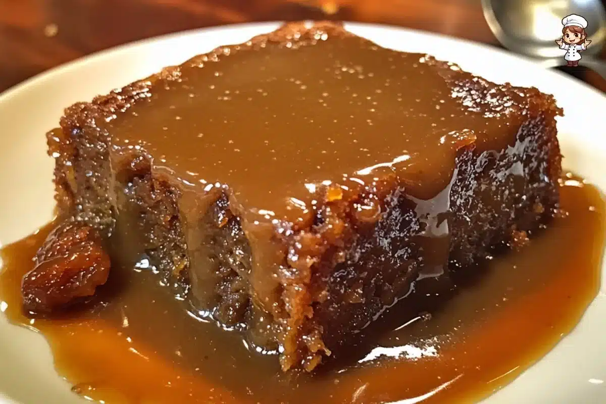 Warm sticky toffee pudding topped with buttery toffee sauce on a plate