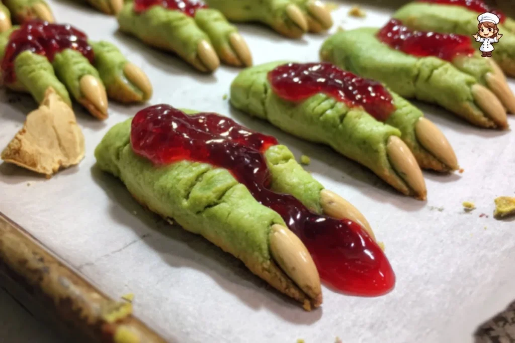 A plate of spooky Witch Finger Cookies shaped like fingers with almond nails.