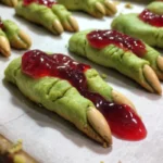 A plate of spooky Witch Finger Cookies shaped like fingers with almond nails.