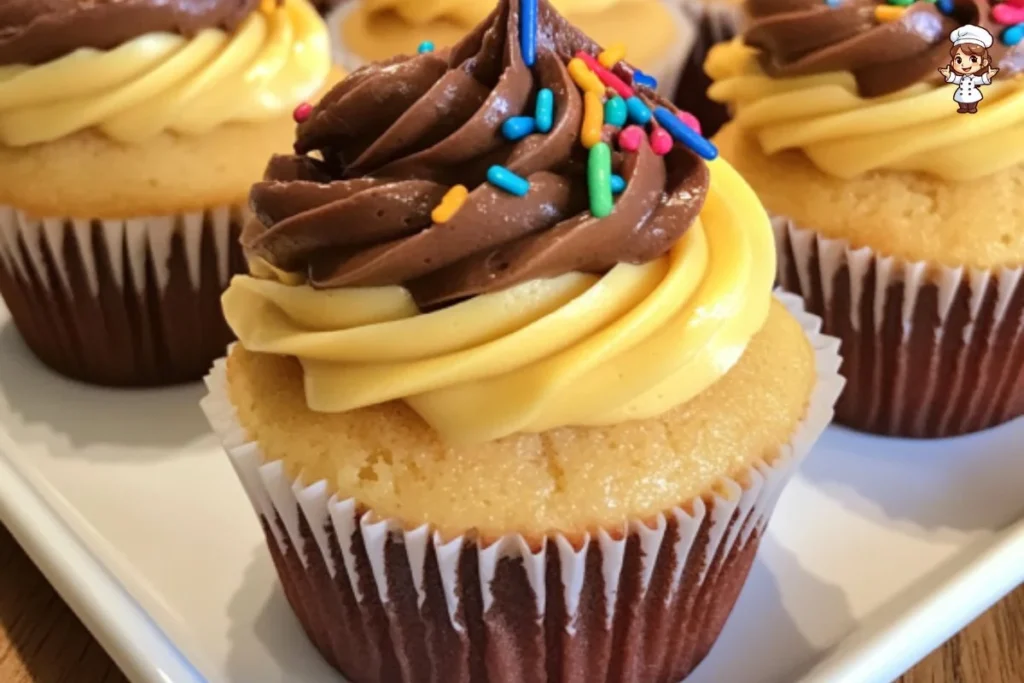 Delicious yellow birthday cupcakes decorated with colorful frosting and sprinkles