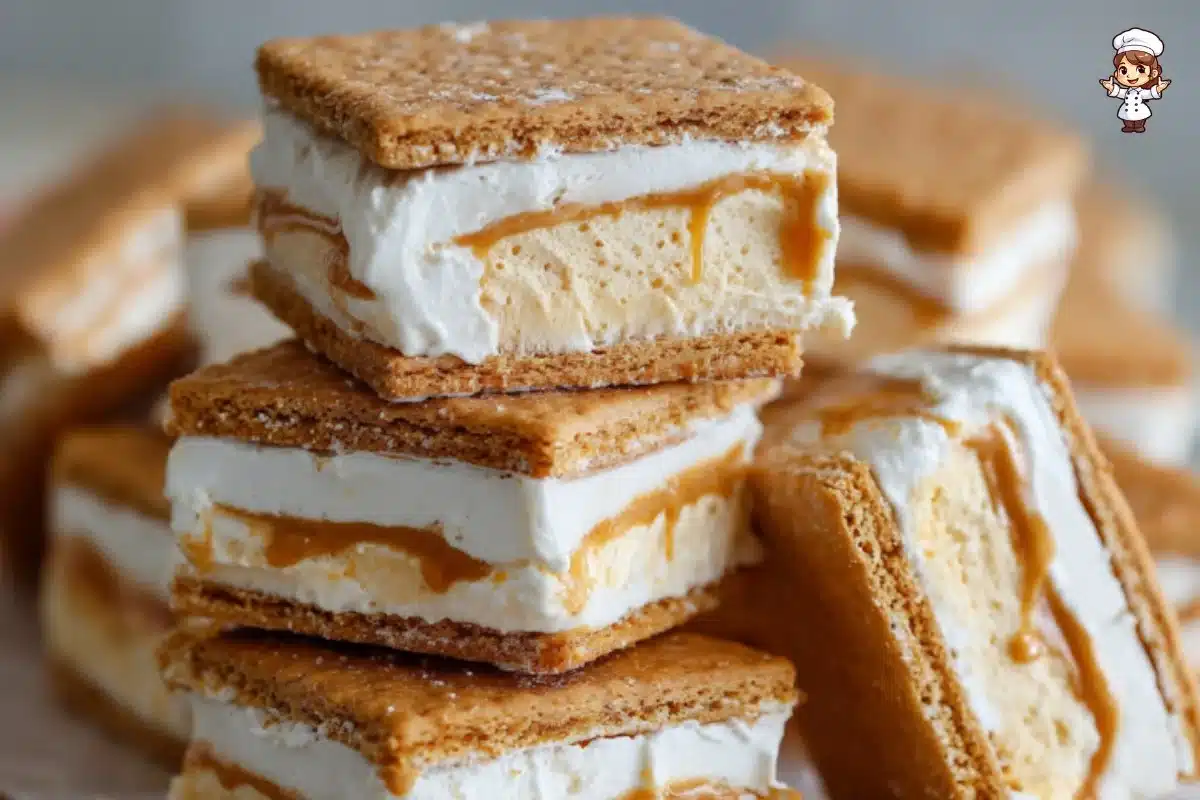 Homemade Biscoff ice cream sandwiches with creamy filling and Biscoff cookies
