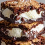 Delicious brownie brookies served with a scoop of vanilla ice cream