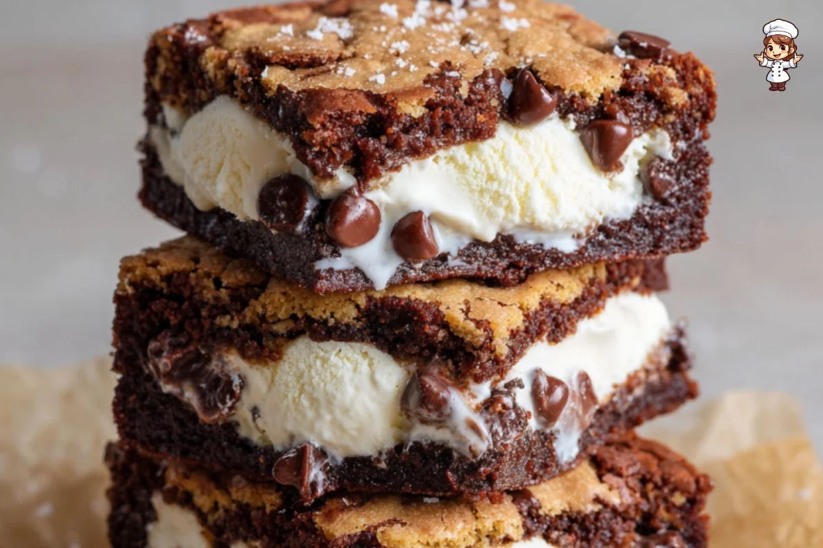 Delicious brownie brookies served with a scoop of vanilla ice cream