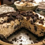 Delicious Cookies & Cream Pie topped with chocolate cookies and cream.