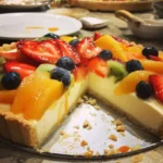 Fresh fruit tart with vanilla mascarpone cream on a white plate