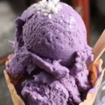 Homemade no-churn ube ice cream served in a bowl