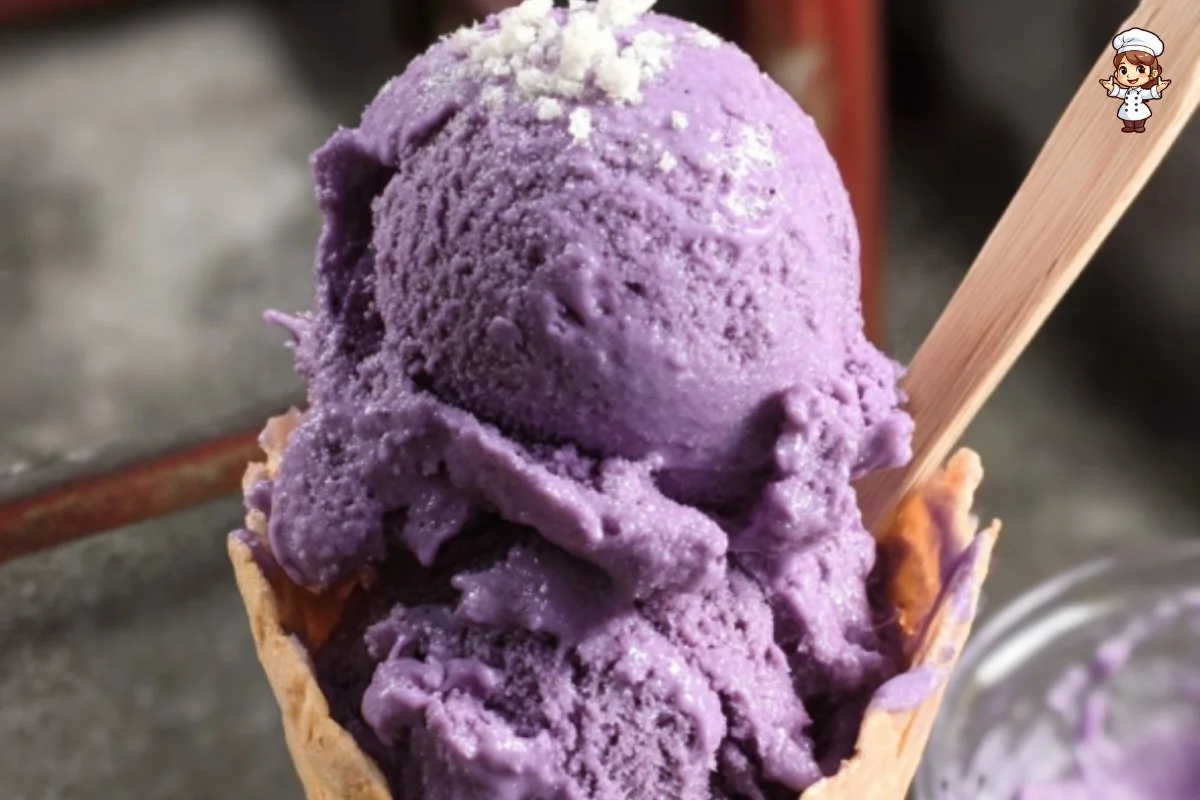 Homemade no-churn ube ice cream served in a bowl
