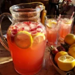 A refreshing glass of honey sweetened strawberry lemonade with fresh strawberries and lemons