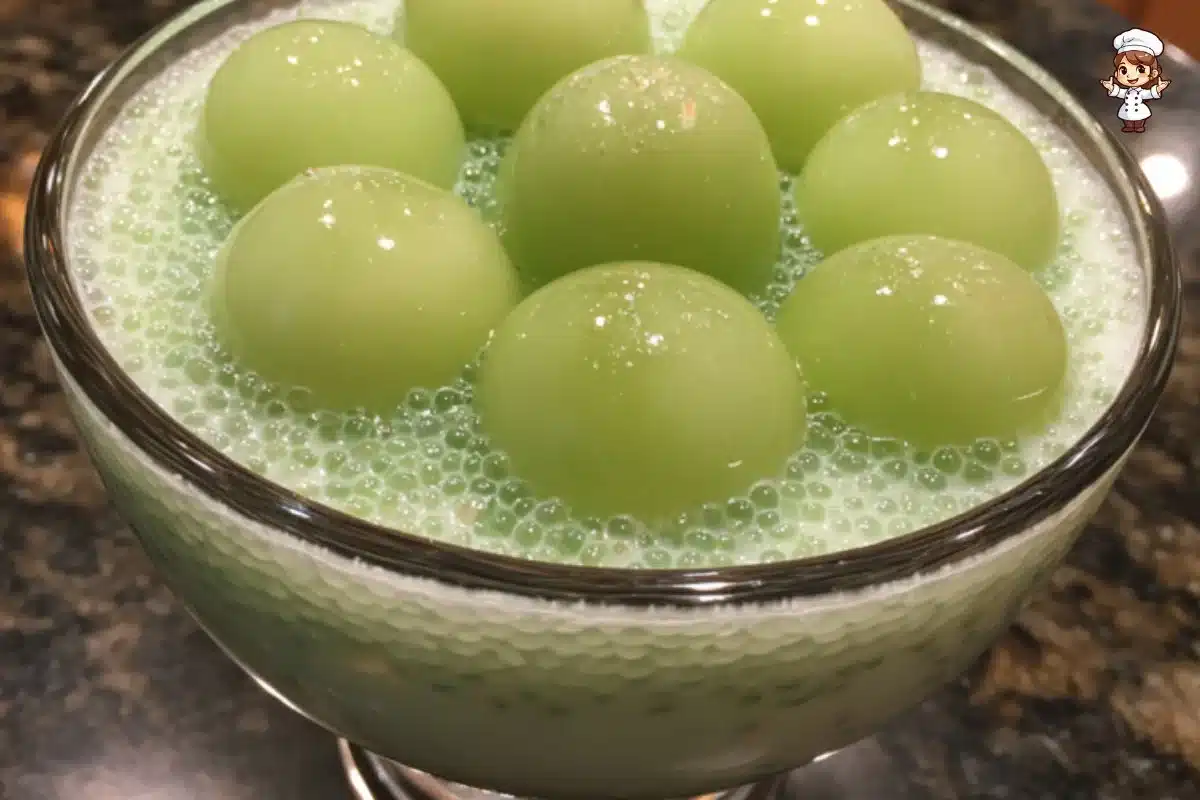 Delicious honeydew sago dessert with sago pearls and fresh honeydew chunks.