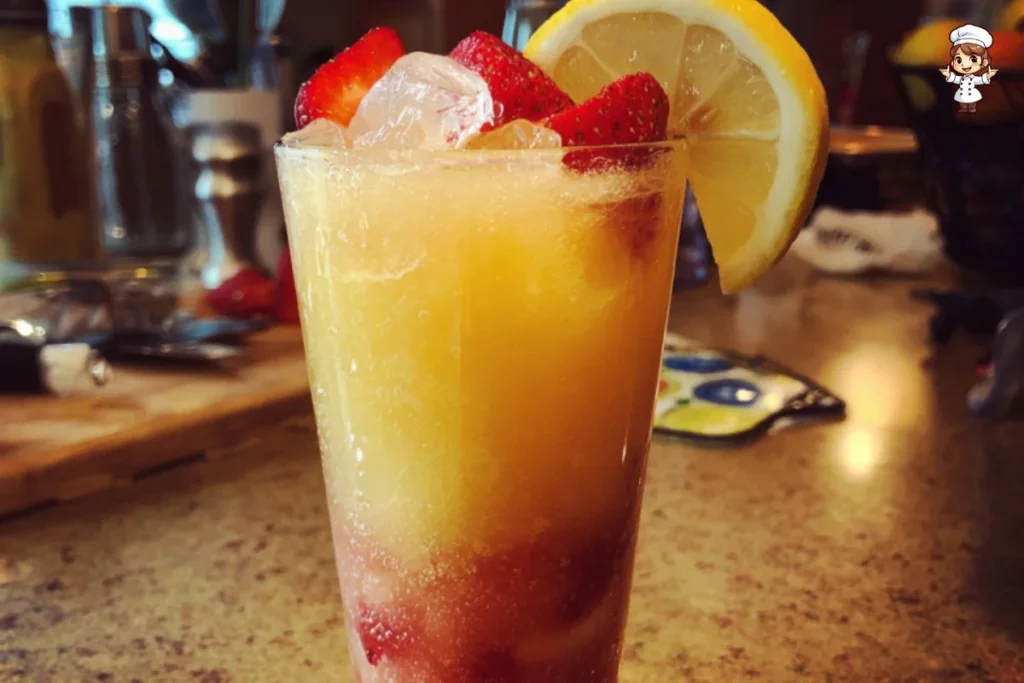 Layered Mango Strawberry Lemonade in a glass, garnished with fresh fruit