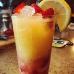 Layered Mango Strawberry Lemonade in a glass, garnished with fresh fruit