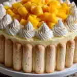 Delicious Mango Charlotte Cake topped with fresh mango slices and cream