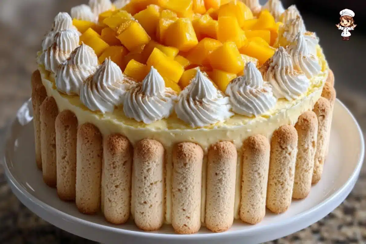 Delicious Mango Charlotte Cake topped with fresh mango slices and cream
