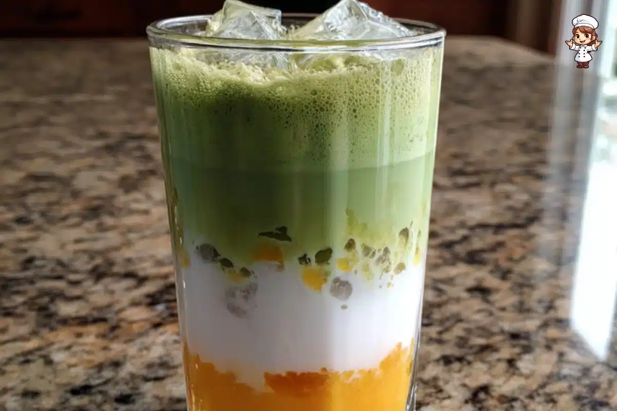 Delicious Mango Matcha Latte served in a glass with vibrant colors.