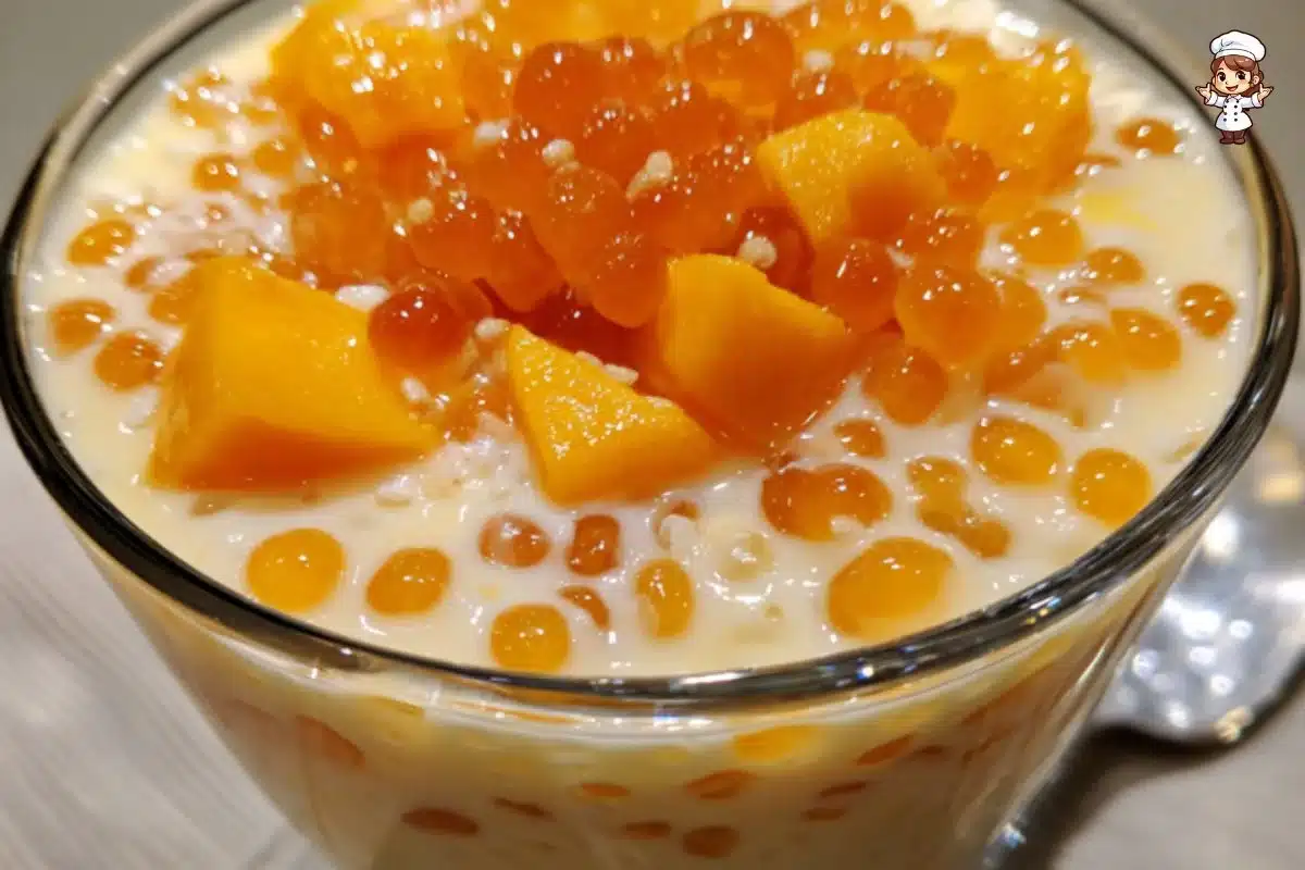 Delicious Mango Sago dessert topped with fresh mango and sago pearls