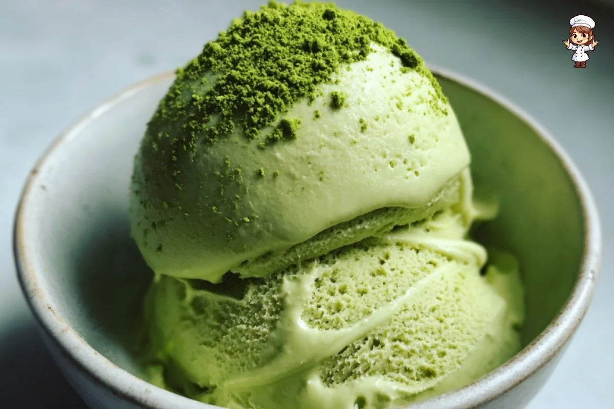 Delicious matcha ice cream served in a bowl with a scoop on top