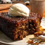 Rich Ginger Molasses Cake topped with sticky date glaze, showcasing its delicious texture.