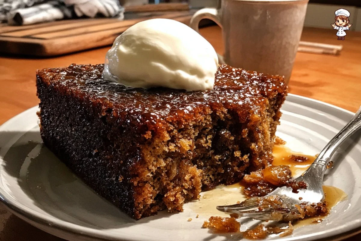 Rich Ginger Molasses Cake topped with sticky date glaze, showcasing its delicious texture.