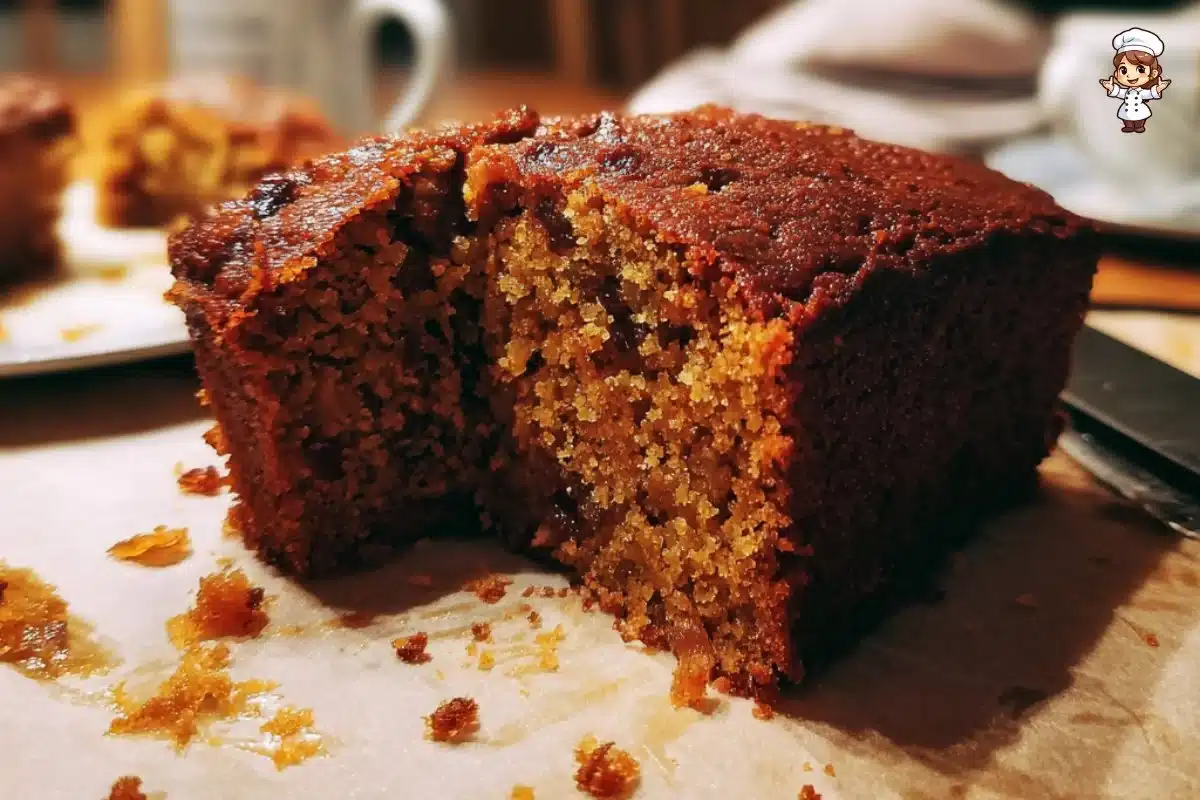 Spiced gingerbread cake topped with dates and apples, a warm seasonal treat.