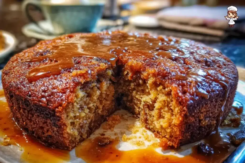 Delicious sticky date and cinnamon pudding cake served on a plate