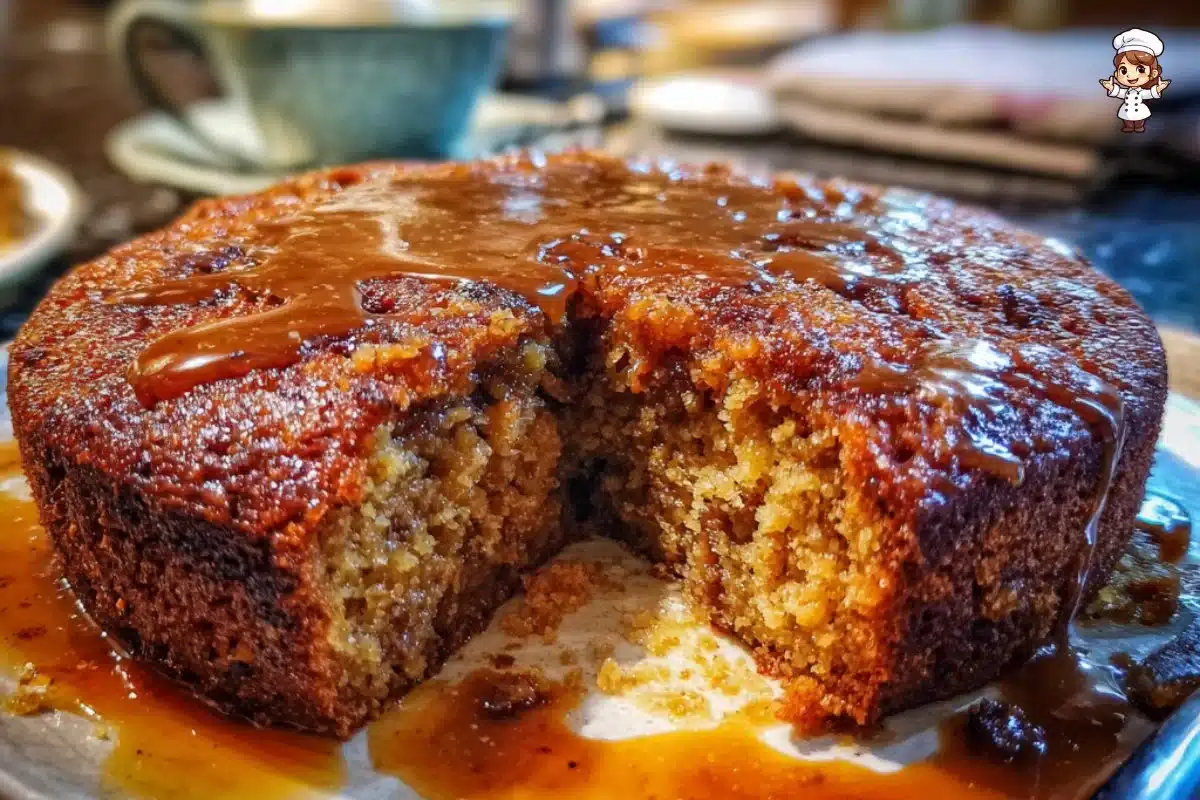 Delicious sticky date and cinnamon pudding cake served on a plate