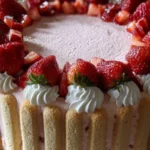 Delicious Strawberry Charlotte Cake displaying fresh strawberries and creamy layers.