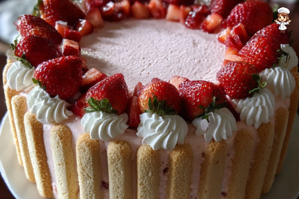 Delicious Strawberry Charlotte Cake displaying fresh strawberries and creamy layers.