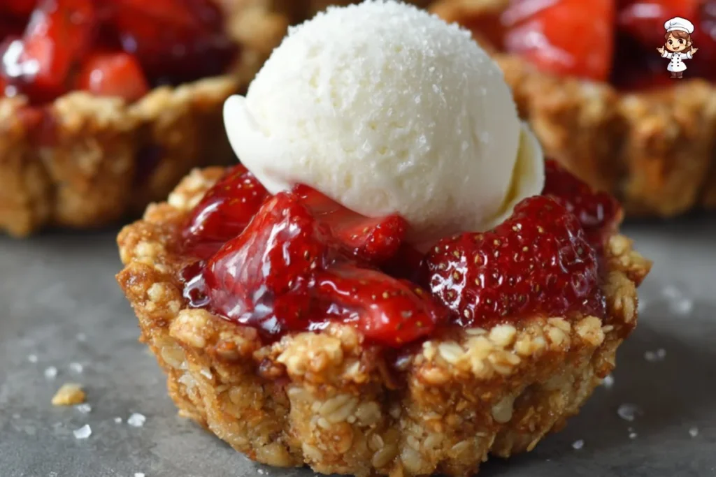 Freshly baked strawberry crisp cookie cups with a crumbly texture and berry topping.