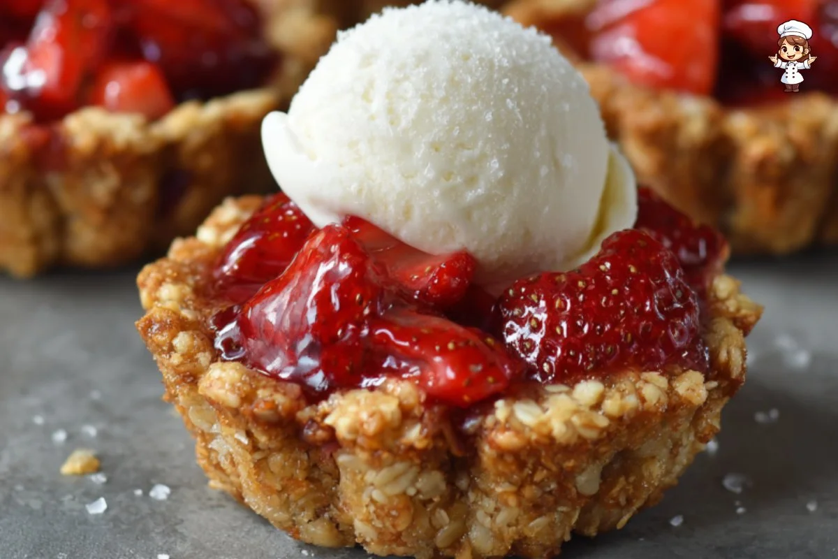 Freshly baked strawberry crisp cookie cups with a crumbly texture and berry topping.