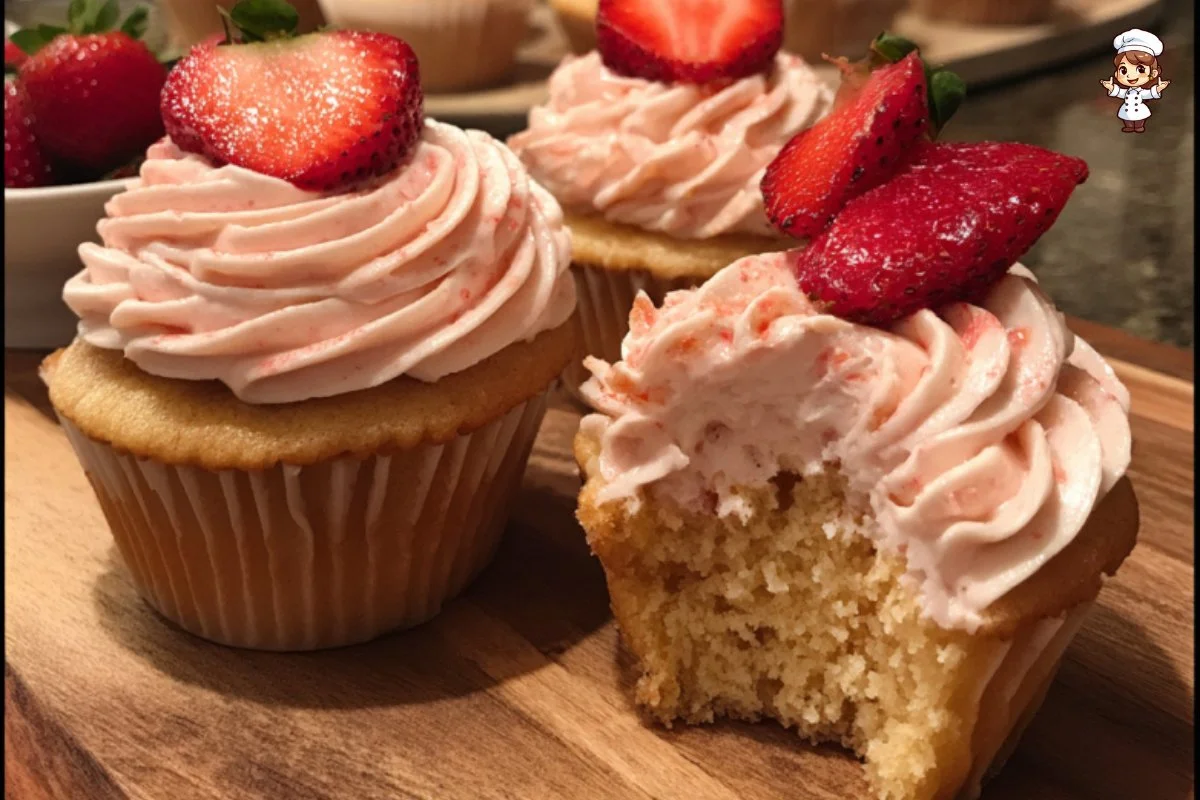 Strawberry cupcakes with creamy strawberry buttercream frosting on a pink plate