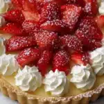 Delicious strawberry custard tart topped with fresh strawberries