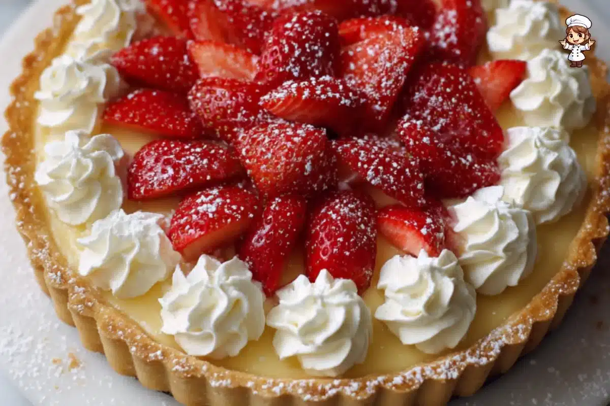 Delicious strawberry custard tart topped with fresh strawberries