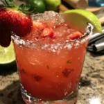 Strawberry Mezcal cocktail garnished with fresh strawberries and herbs.