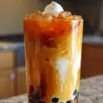 A refreshing cup of Thai milk tea boba with tapioca pearls, served in a clear glass.