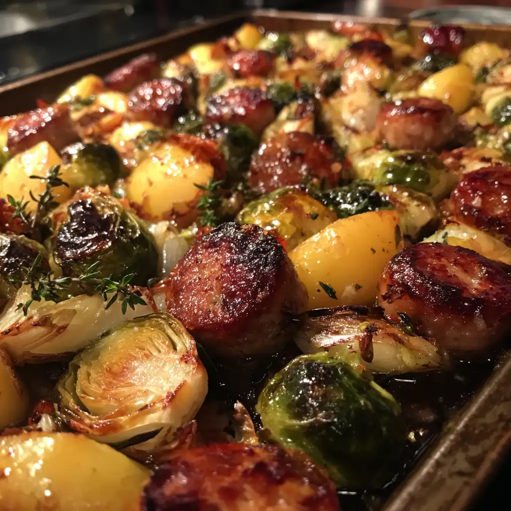 Apple, Sausage, and Brussels Sprout Sheet Pan Dinner