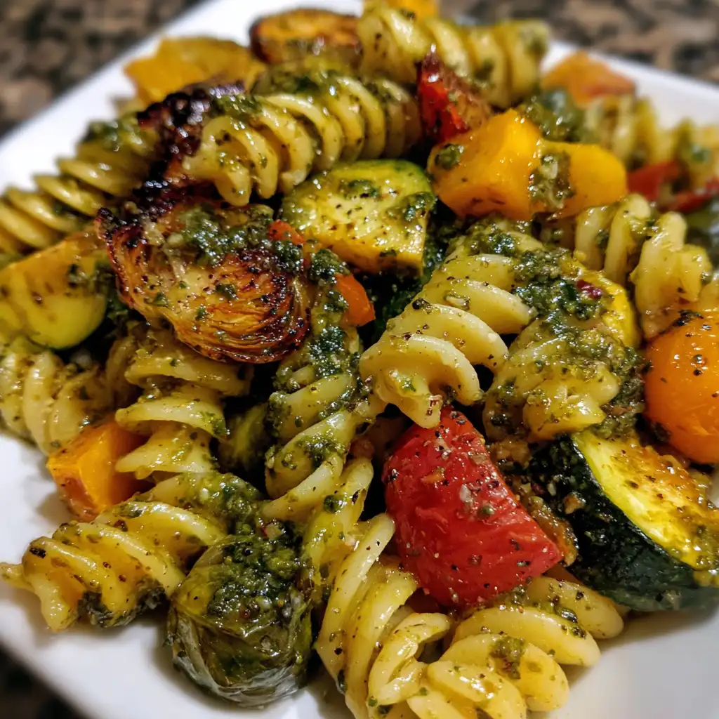 Autumn Harvest Pasta with Roasted Vegetables and Pesto delights!