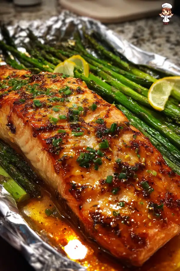 Baked salmon foil asparagus garlic butter sauce delights!