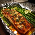 Baked salmon foil asparagus garlic butter sauce delights!