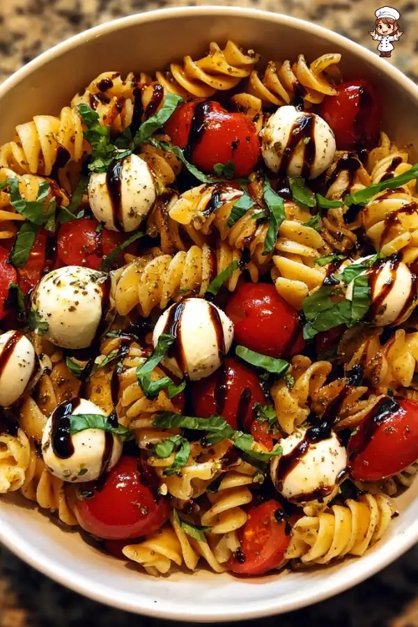 Caprese pasta salad with balsamic glaze