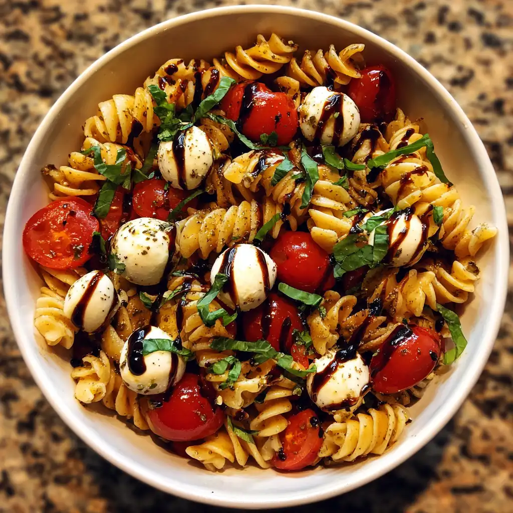 Caprese pasta salad with balsamic glaze