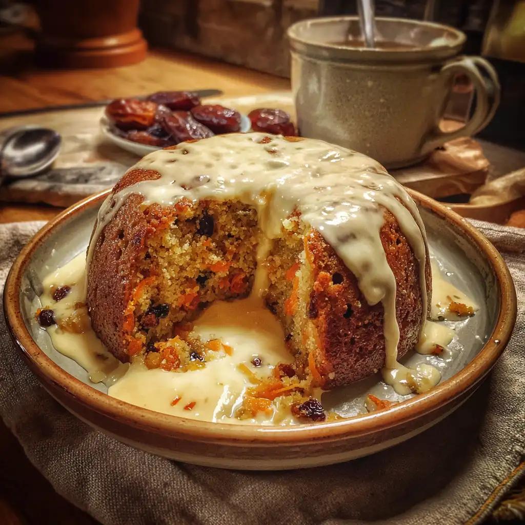 Carrot Date Raisin Pudding with Nutmeg Cream Recipe